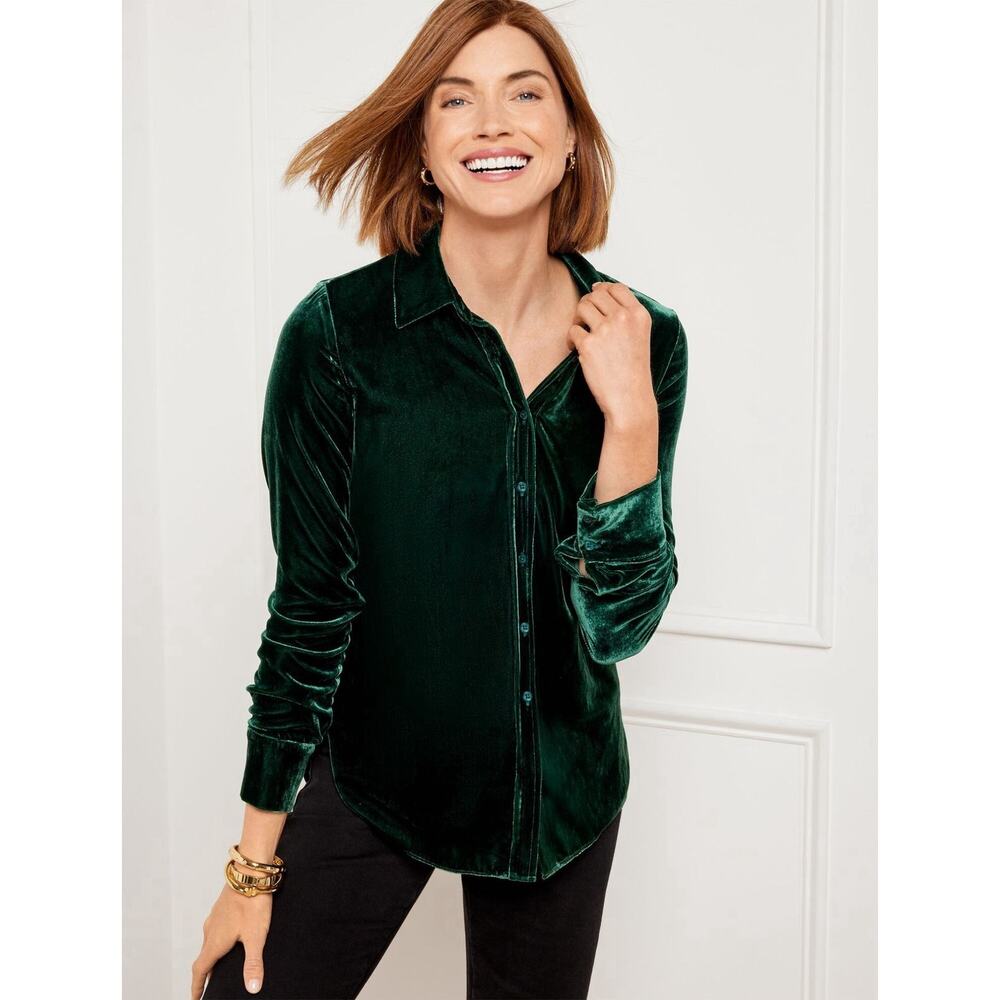 TALBOTS Size 1X EFFORTLESS VELVET CLASSIC FIT BUTTON FRONT SHIRT IN GREEN